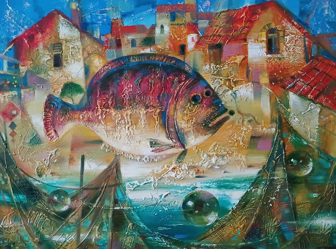 Abstract oil painting Big fish Anatoly Tarabanov: Title: Abstract oil painting Big fish Anatoly Tarabanov Description: NoTar 376 The painting titled "Big Fish" presents a striking and surreal scene that combines elements of fantasy, marine life, and