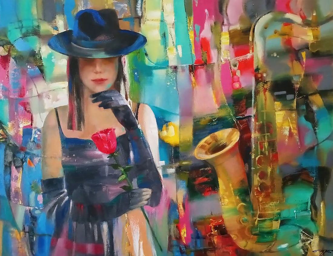 Abstract oil painting Evening Blues Anatoly Tarabanov: Title: Abstract oil painting Evening Blues Anatoly Tarabanov Description: NoTar 378 The painting "Evening Blues" is a vivid and emotionally charged composition that combines portraiture, musical