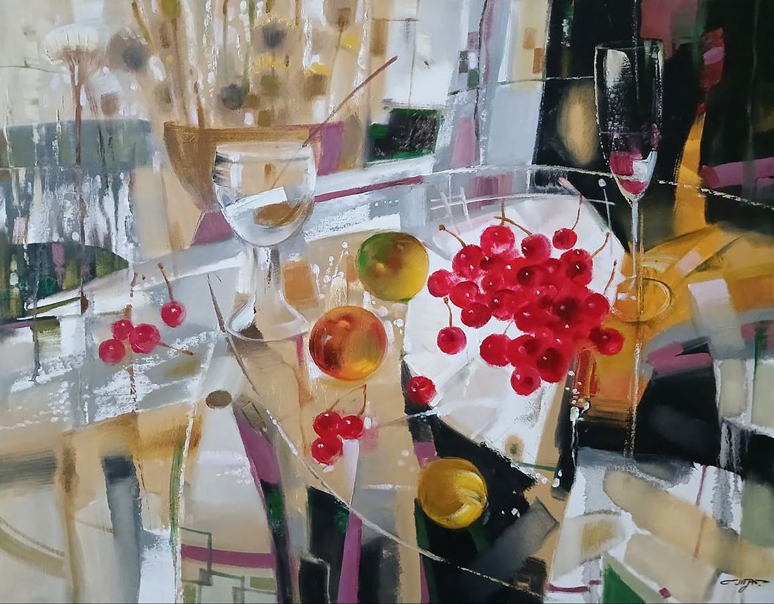 Abstract oil painting Cherries Anatoly Tarabanov: Title: Abstract oil painting Cherries Anatoly Tarabanov Description: NoTar 381 The oil painting "Cherries" is a captivating modern still life composition that blends abstract geometry with realistic e