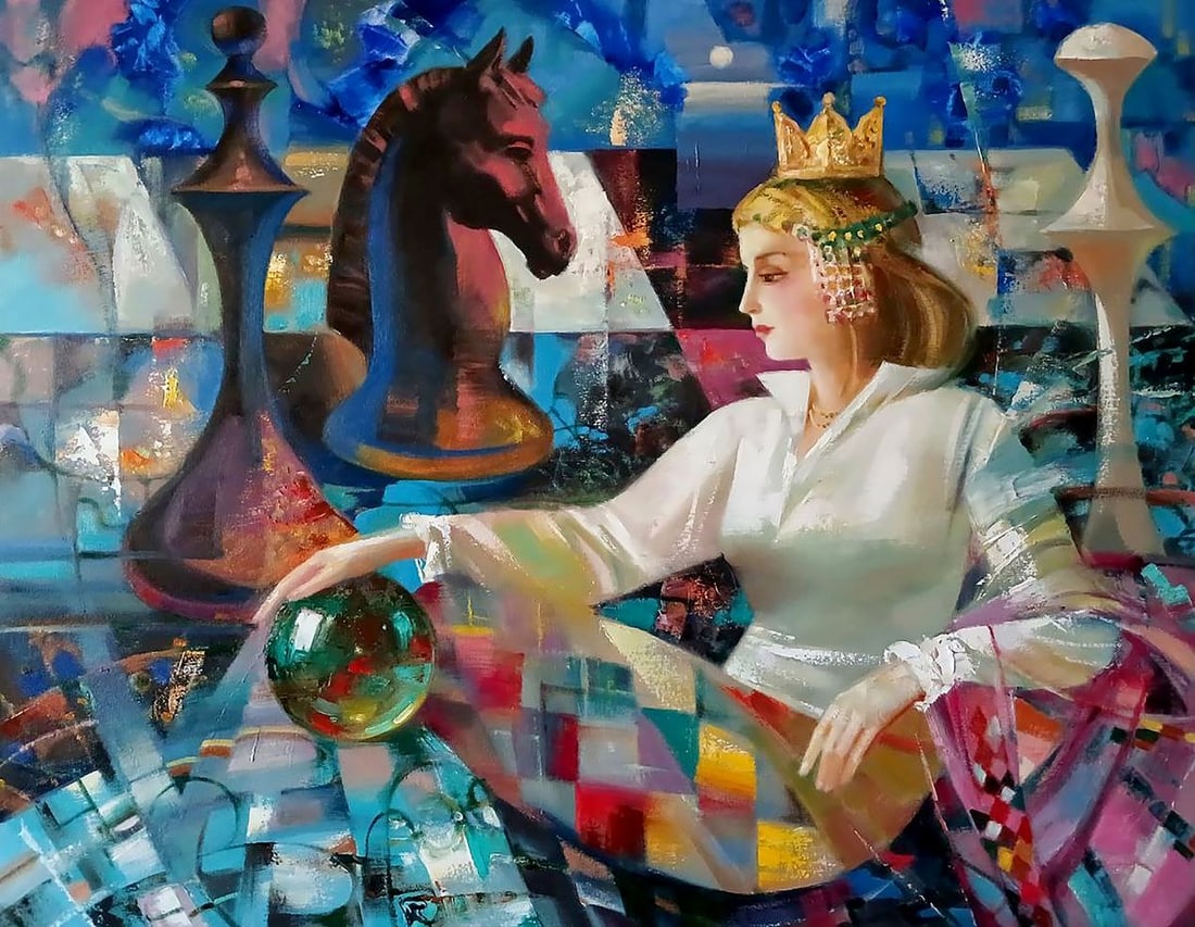 Abstract oil painting Queen Anatoly Tarabanov: Title: Abstract oil painting Queen Anatoly Tarabanov Description: NoTar 384 The oil painting titled "Queen" presents a captivating and symbolic depiction of a regal woman immersed in the world of