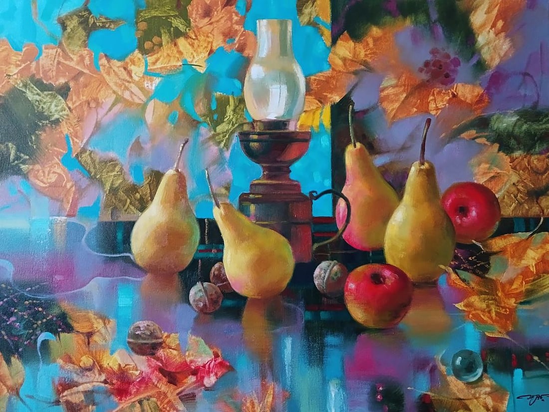Abstract oil painting Autumn still life Anatoly Tarabanov: Title: Abstract oil painting Autumn still life Anatoly Tarabanov Description: NoTar 391 The painting titled "Autumn Still Life" captures the essence of fall with a beautifully arranged composition of 