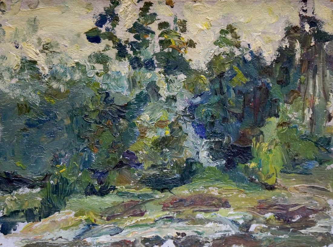 Oil painting In the woods: Title: Oil painting In the woods Description: NoVerns 556 *** ABOUT THIS PAINTING *** * TITLE: "In the woods" * ARTISTS: Popov Igor Alexandrovich * SIZE: 19x25 cm/'7.48x9.84 inches' * MEDIUM: oil, car