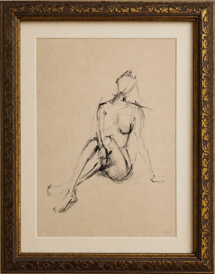 M. Anoir, Figural Study, Charcoal on Paper: A dynamic charcoal sketch on toned paper depicting a seated female figure, signed "Manoir" in the lower right. The minimalist lines suggest movement and form, characteristic of modern figural art.