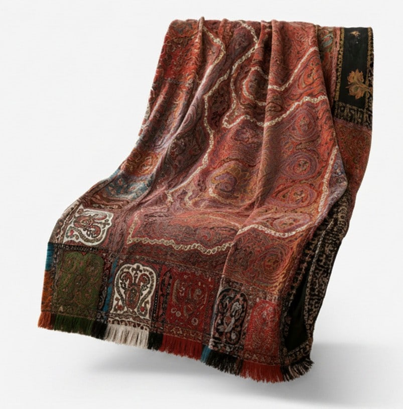 Extra Fine Central Asian Kashmir Embroidered Paisley Tapestry / Throw: This is an extra fine Central Asian embroidered Kashmir wool textile, likely used as a throw or a shawl. It features intricate paisley and floral motifs in vibrant colors, primarily reds, oranges,