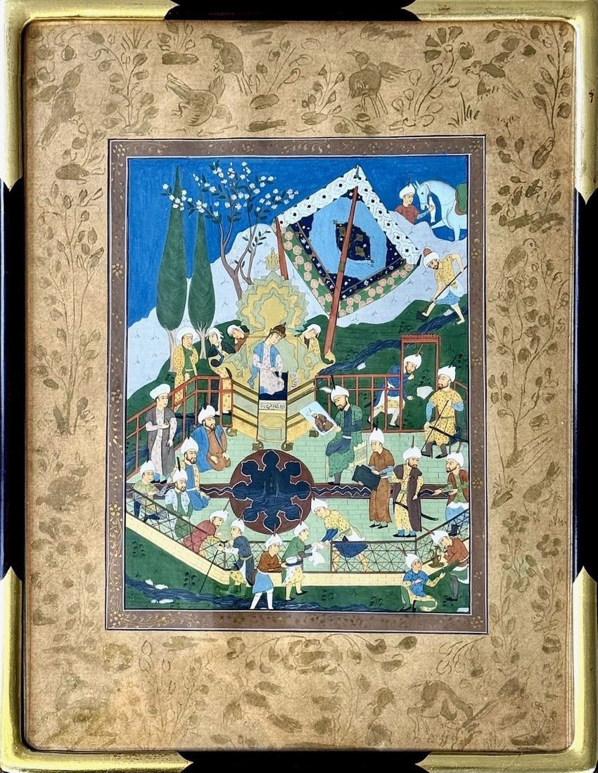 Antique Persian Style Miniature Painting of an Enthroned Ruler: A finely detailed and well-preserved antique Persian miniature painting depicts a royal court scene, commonly known as a bazm or banquet gathering. This artwork is inspired by Joseph Enthroned from th