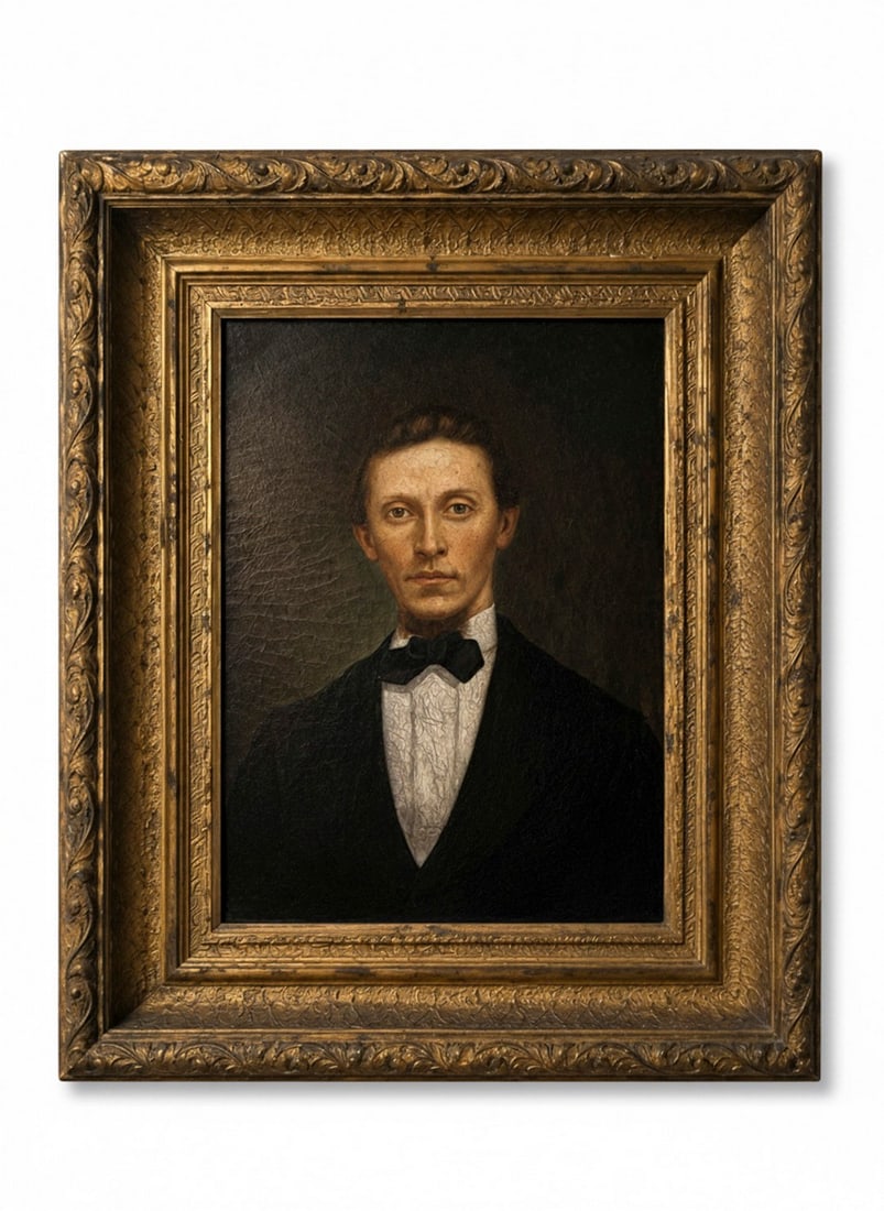 19th Century American School Portrait of a Gentleman: An oil on board painting depicting a young gentleman in formal attire, likely dating to the mid-19th century. The subject has fair skin, light hair, and blue eyes, and is dressed in a dark suit with