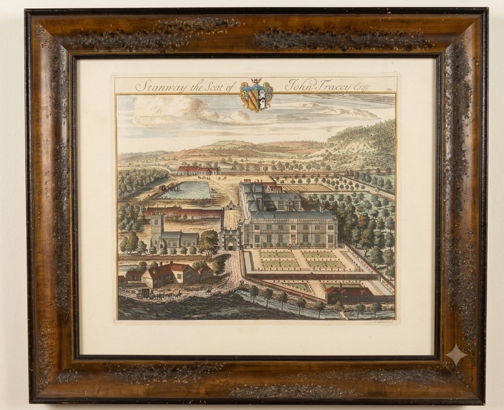 Late 18th Century Hand-Colored Engraving, "Stanway the Seat of John Tracey Esq": An attractive late 18th century hand-colored engraving depicting "Stanway the Seat of John Tracey Esq". The print details an aerial view of a grand estate with formal gardens, outbuildings, and