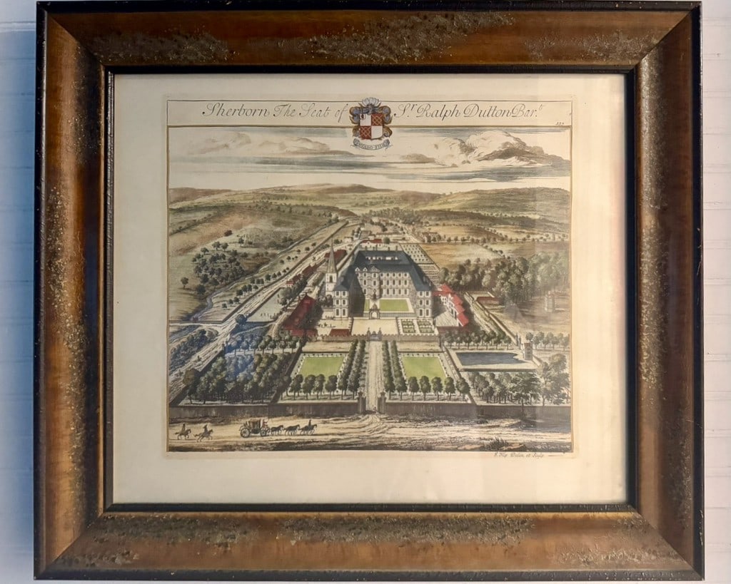 Late 17th / Early 18th Century Engraving of Sherborn, The Seat of Sir Ralph Dutton Bart. by R. Hoy: An intricately detailed, hand-colored engraving depicting Sherborn, the estate of Sir Ralph Dutton, Bart. The engraving captures the grandeur of the estate with its extensive gardens, formal layouts,