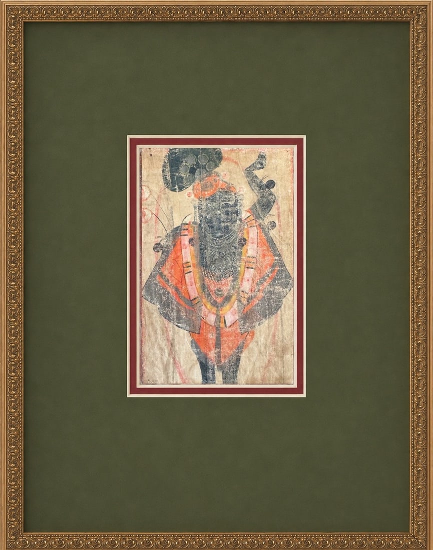 Antique Nathdwara Painting of Shrinathji (Krishna), Framed - 2 of 3: Antique Nathdwara Pichwai painting on fabric depicting Shrinathji, the revered frontal-standing form of Krishna worshipped at the Nathdwara temple in Rajasthan, India, likely 19th or early 20th
