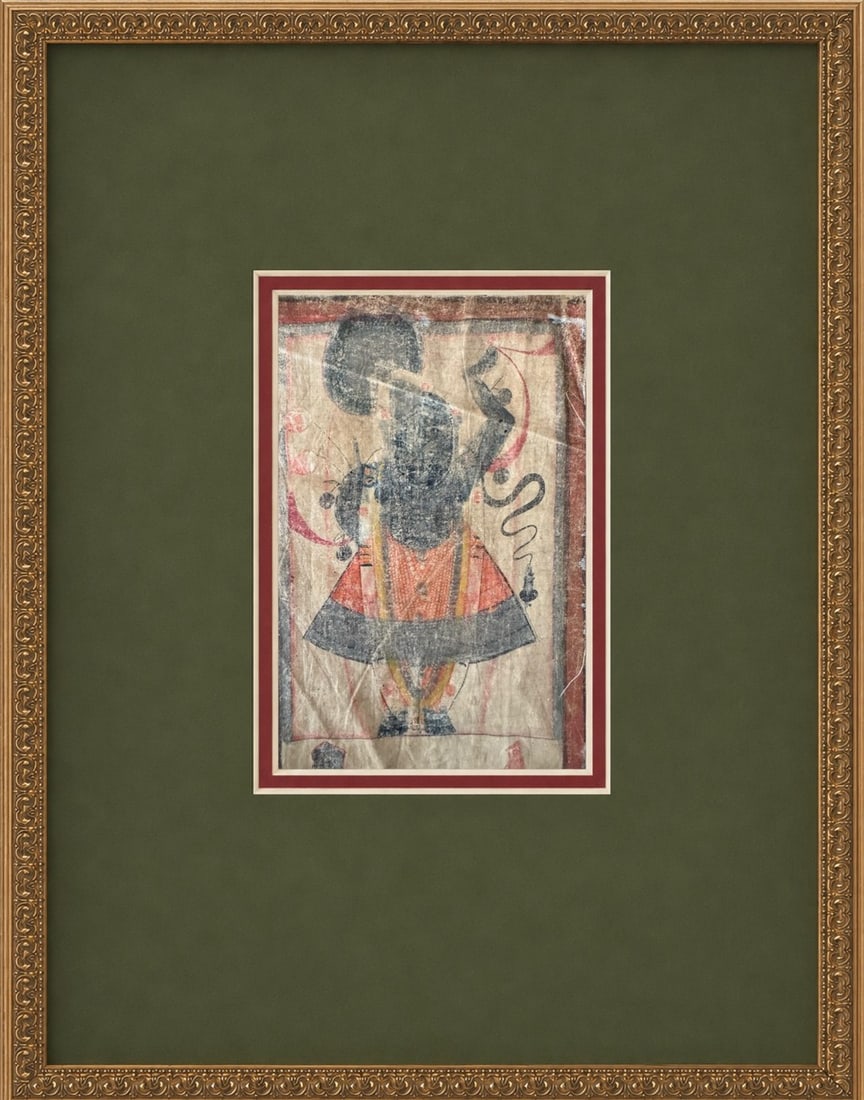 Antique Nathdwara Painting of Shrinathji (Krishna), Framed - 3 of 3: Antique Nathdwara Pichwai painting on fabric depicting Shrinathji, the revered frontal-standing form of Krishna worshipped at the Nathdwara temple in Rajasthan, India, likely 19th or early 20th