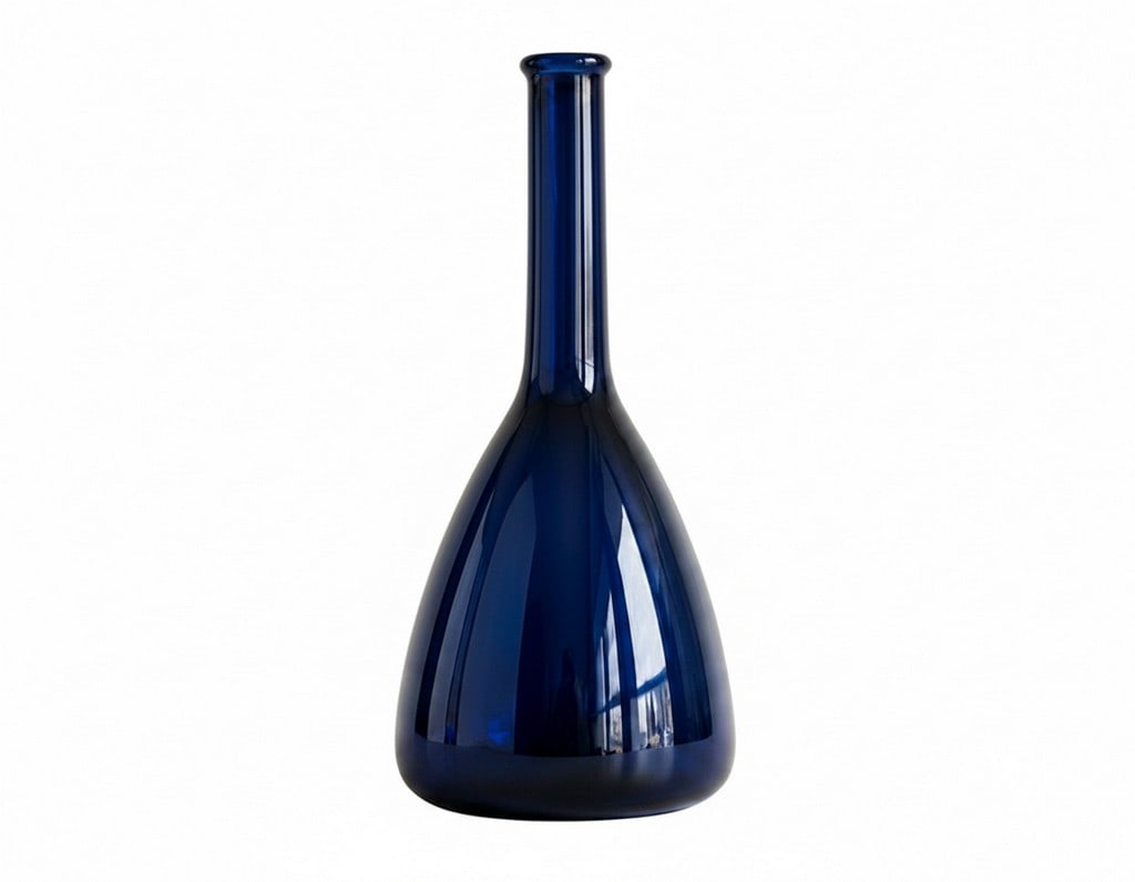 Mid-Century Modern Cobalt Blue Glass Decanter Vase, Scandinavian Modern Art Glass.: This elegant mid-century modern decanter or vase is crafted from rich cobalt blue glass, featuring a sleek, tall, narrow neck that flares out into a gently rounded, bulbous base. Its minimalist