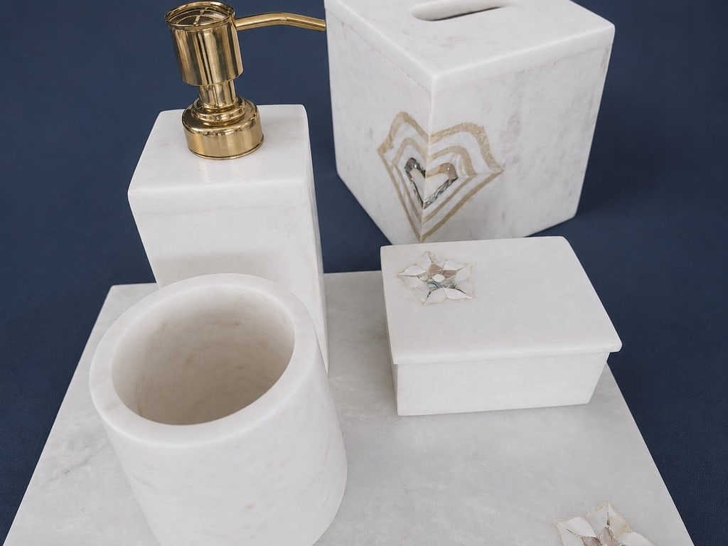 Five-Piece White Marble Bathroom Vanity Set with Mother-of-Pearl Inlay. - 7