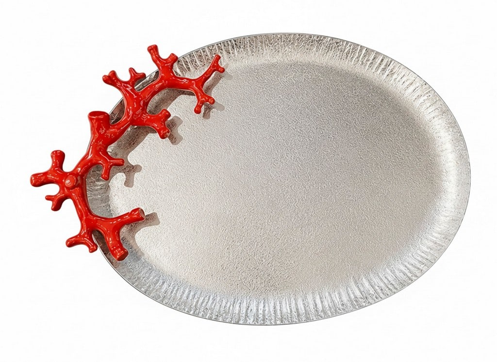 Small Michael Aram Coral Collection Oval Platter: A striking example of Michael Aram's signature nature-inspired design, this Ocean Reef Seafood Platter features an elegant oval stainless steel serving tray with a softly textured silver-tone finish,