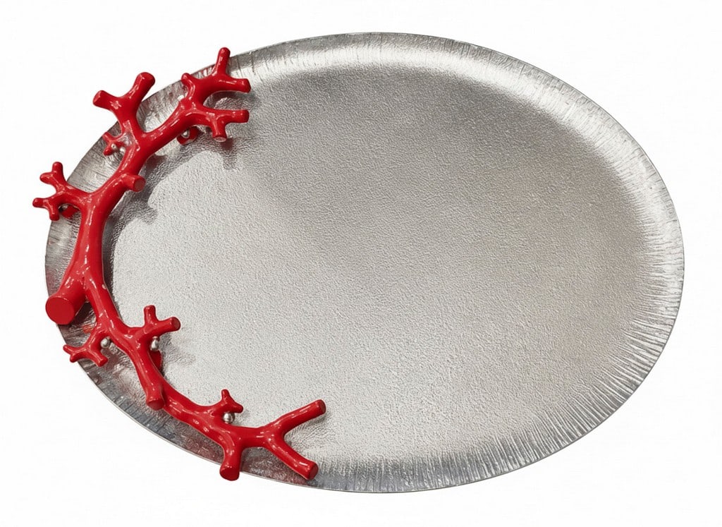 Large Michael Aram Coral Reef Platter Silver-Tone Serving Tray.: A striking example of Michael Aram's signature nature-inspired design, this large Ocean Reef Seafood Platter features an elegant oval stainless steel serving tray with a softly textured silver-tone