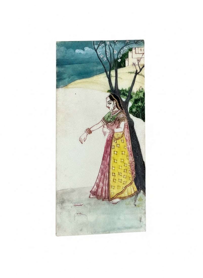 Antique Indian Miniature Painting on Bone, Kishangarh School, Rajasthan.: A delicate Indian miniature painting on bone depicting a noblewoman beneath a bare tree, with her arm extended, she gazes forward against a moody, storm-landscape â€” an image deeply
