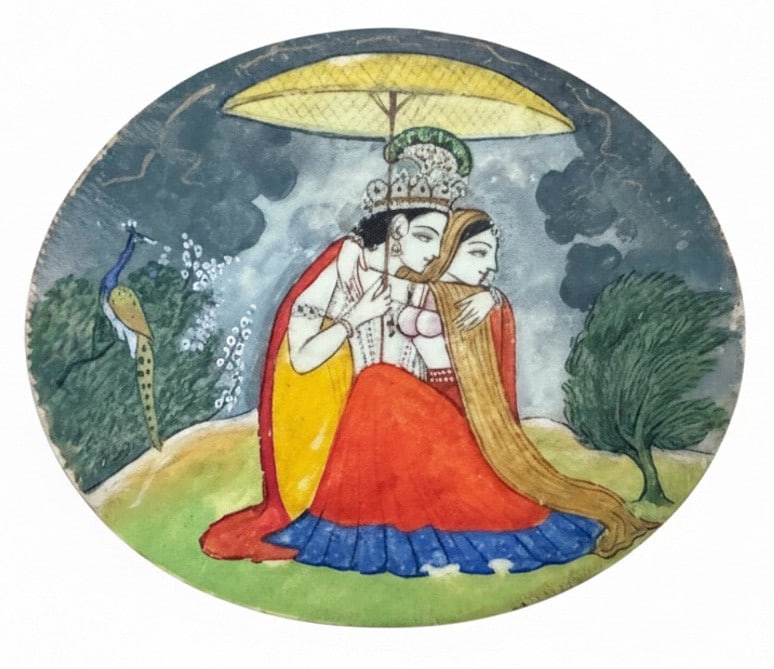 Antique Indian Miniature Painting of Radha and Krishna on Oval Panel: Antique Indian Miniature Painting of Lord Krishna and Radha in the Monsoon.Â Executed on oval natural bone the miniature depicting Krishna and Radha sheltering beneath a golden parasol as