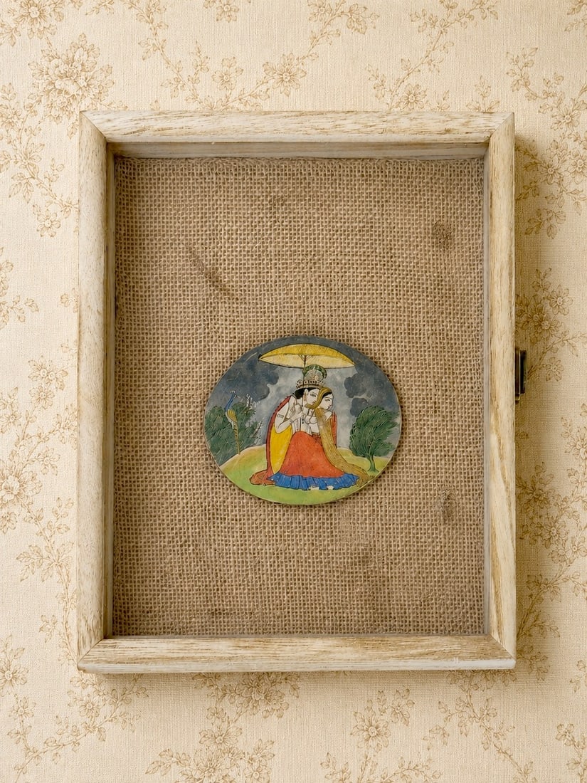 Antique Indian Miniature Painting of Radha and Krishna on Oval Panel - 2