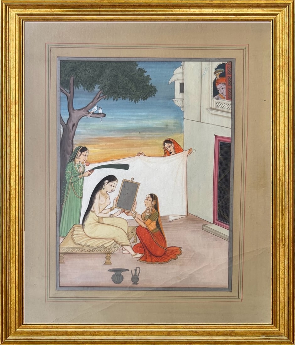 Indian Miniature Painting - Opaque watercolor and gold on paper, Jaipur School, 19th/20th centu...: A finely executed Indian miniature painting depicting an intimate zenana (women's quarters) scene. Seated upon an ornate low charpoy, an elegantly attired courtesan gazes into a hand mirror presented 