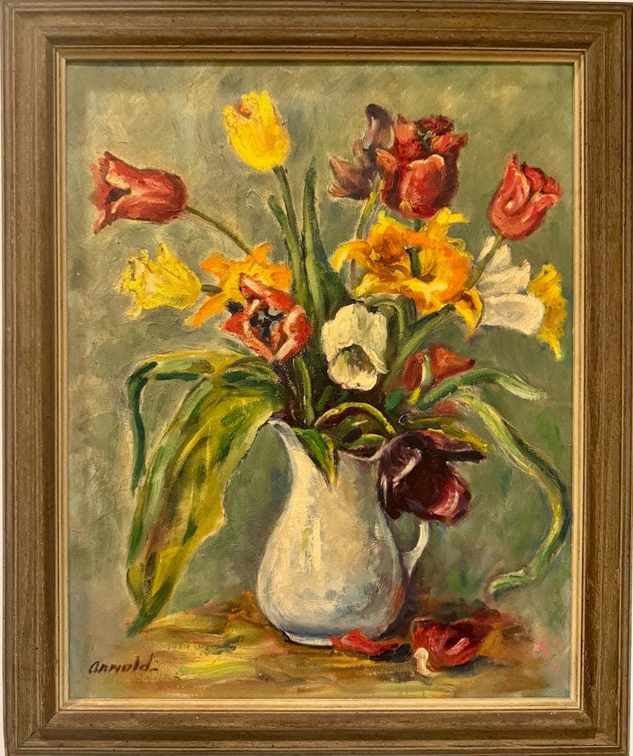 Arnold, Still Life with Tulips. Oil on canvas, signed.: A vibrant impressionistic still life depicting a loosely arranged bouquet of tulips, irises, and spring blossoms in a softly modeled white ceramic vase. Executed with expressive, confident brushwork