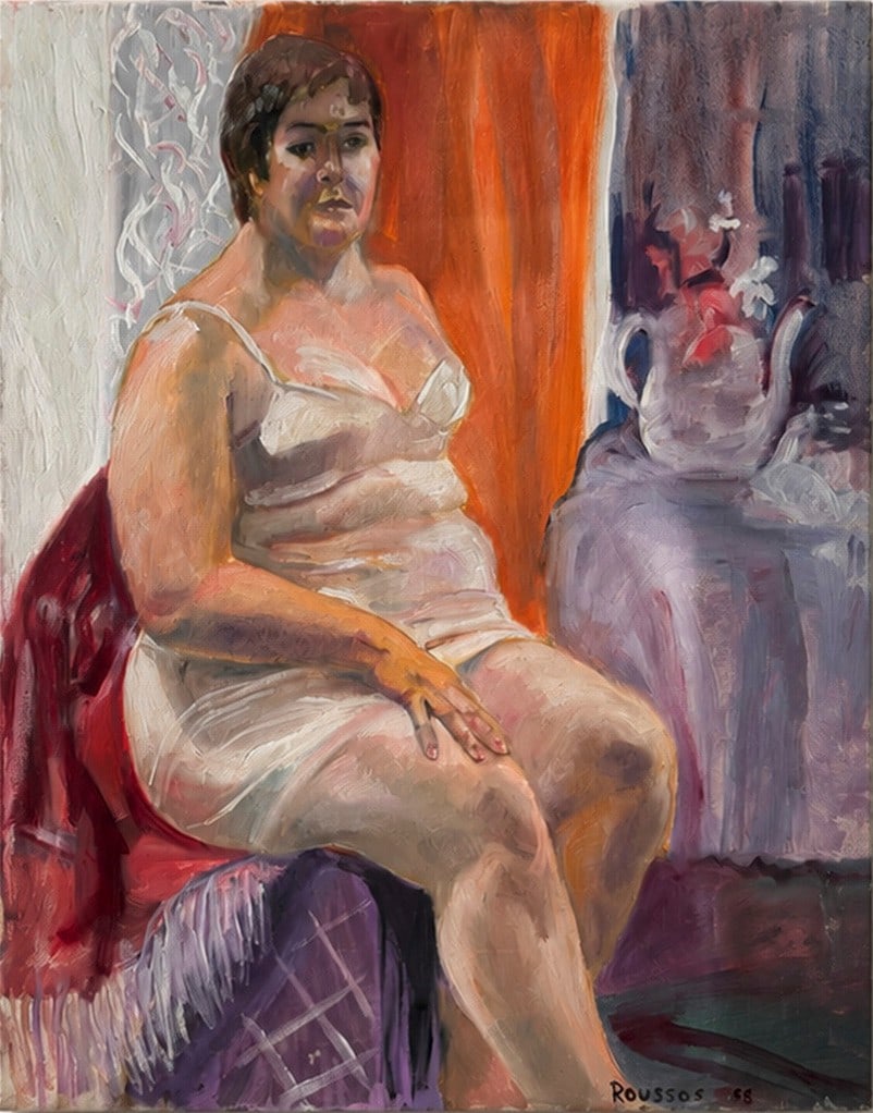 Roussos 1988 Female Portrait Oil on Canvas: An expressive oil painting by Roussos from 1988, depicting a seated female figure in a white slip, rendered in bold brushstrokes and vibrant colors. The background features an orange curtain and a
