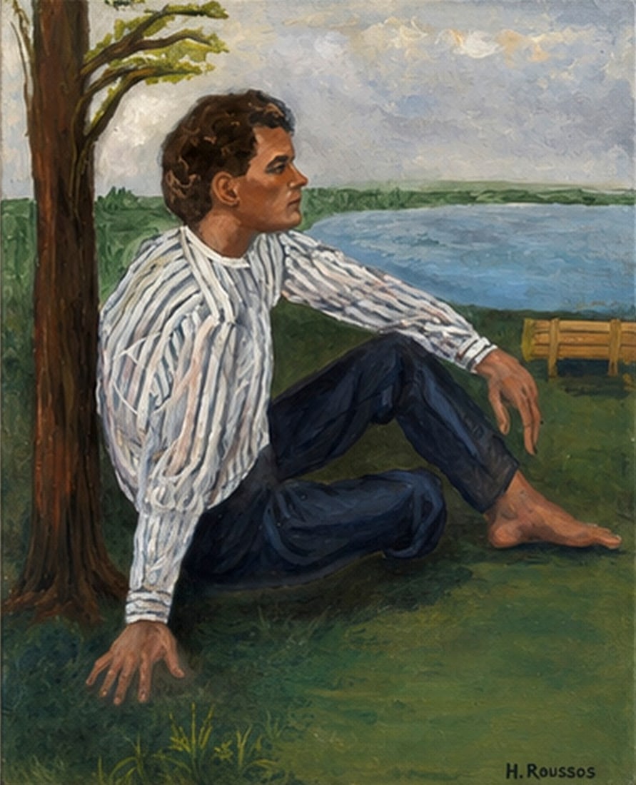 Figurative Lakeside Portrait Painting by H. Roussos: This oil painting by H. Roussos depicts a young man with dark, curly hair in profile, seated barefoot on green grass next to a tree trunk, gazing contemplatively towards a serene lake or body of