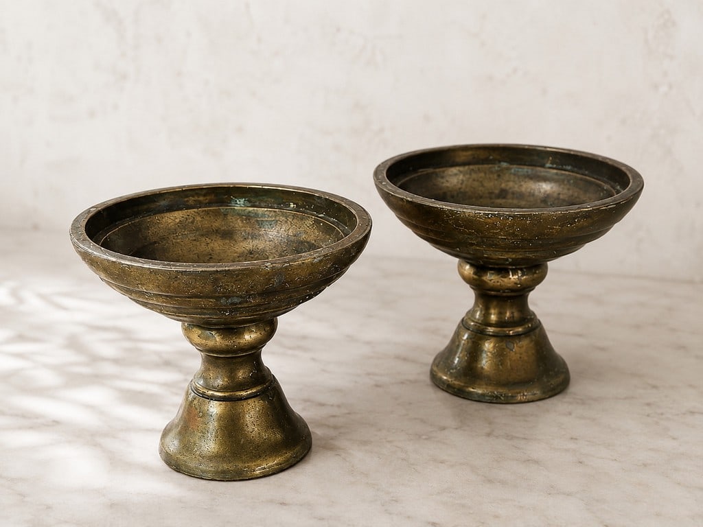 Pair of Antique Brass Pedestal Bowls / Candle Holders - 2