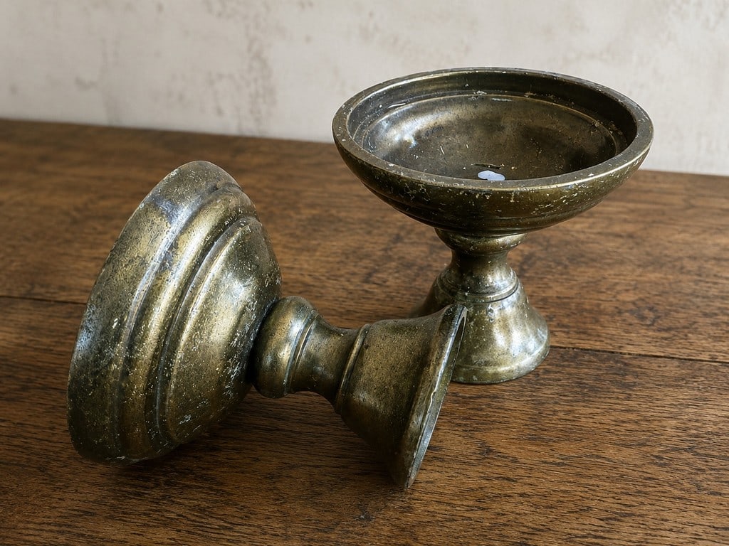 Pair of Antique Brass Pedestal Bowls / Candle Holders - 3