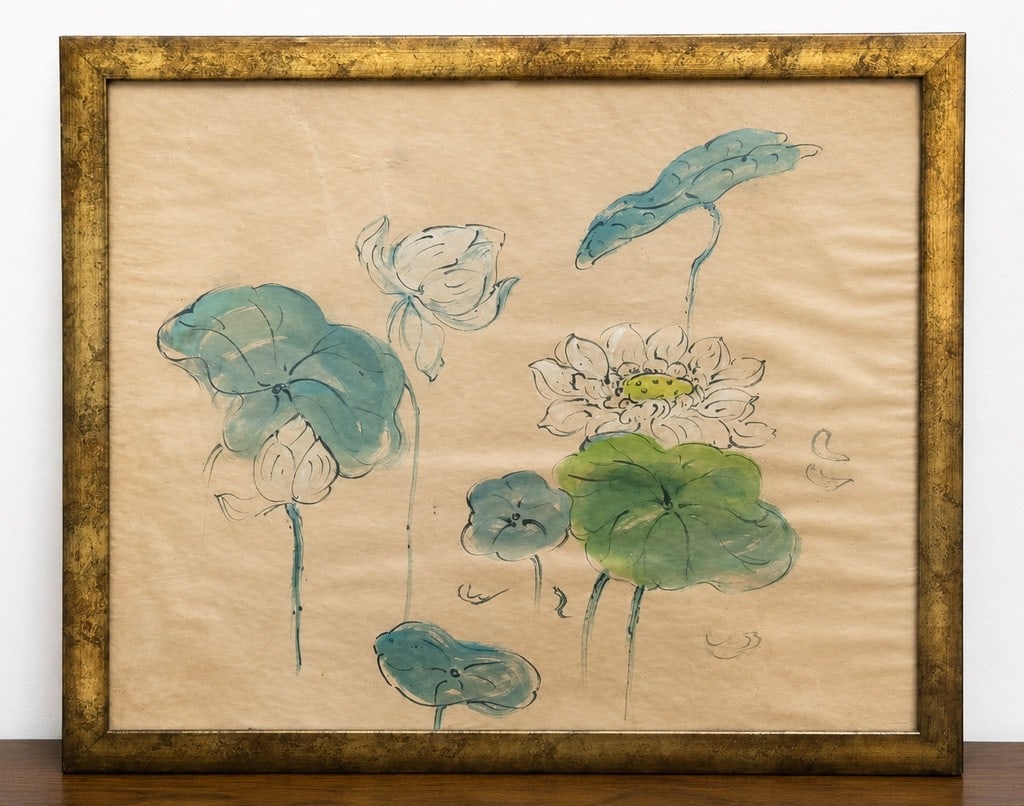 Vintage Painting of Lotuses in Kashmir. Watercolor on Paper, Framed.: An antique watercolor on paper depicting lotus blossoms, buds, and pads rendered in soft washes of green, blue-green, and white, attributed to a British traveler. The loose, botanical study style is