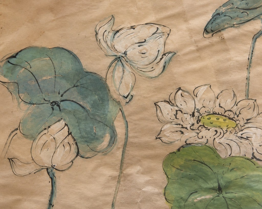 Vintage Painting of Lotuses in Kashmir. Watercolor on Paper, Framed. - 2