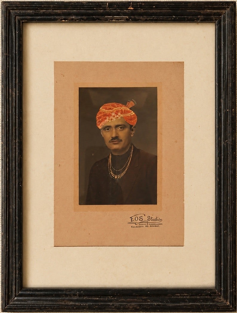 Vintage Hand-Colored Photograph, circa 1920s-40 of an Indian Gentleman in Turban by EOS Studios...: A vintage hand-colored photograph by EOS Studios, Kalbadevi Rd, Bombay, depicting a dignified Indian gentleman adorned in a vibrant orange turban with elaborate jeweled embellishments and multiple