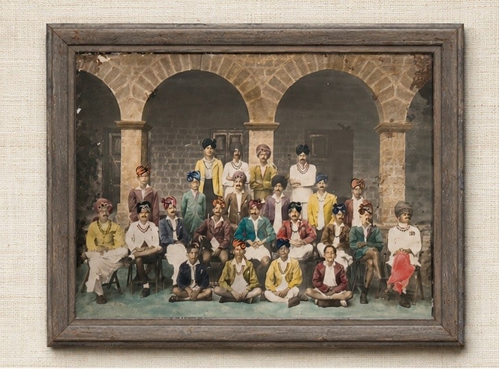 Hand-coloured gelatin silver photograph from India, circa 1920sâ€“40s - Group Portr: A hand-tinted studio photograph from India depicting a formal assembly of some two dozen Rajput men and boys arranged in tiered rows before a painted backdrop of brick arches. Colour has been applied