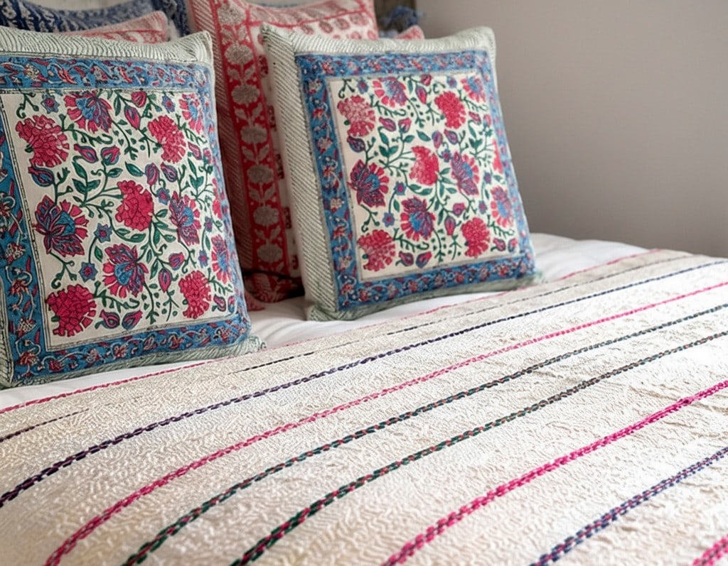 Hand-Stitched Reversible Dyed Kantha Throw with Patterns - 1 of 2.: Kantha throw crafted from recycled saris using traditional running-stitch embroidery (Kantha). The fabric is dyed white to reveal the ghosted patterns and woven borders of the original saris, so