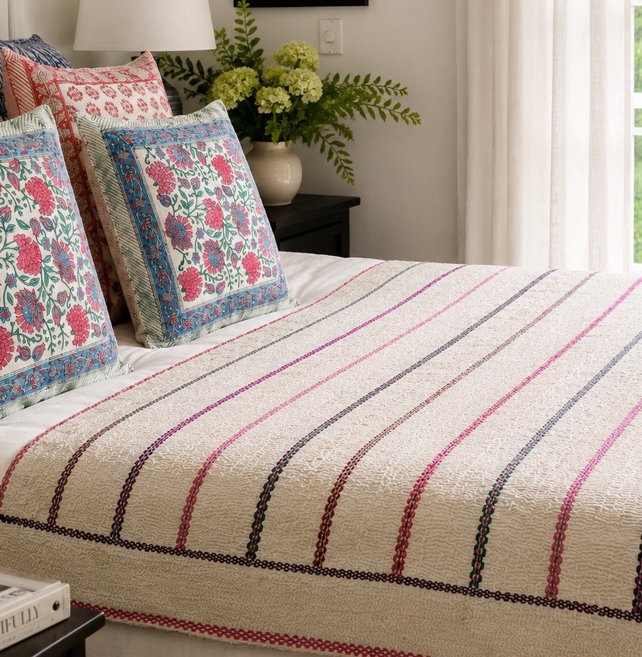 Hand-Stitched Reversible Dyed Kantha Throw with Patterns - 1 of 2. - 2