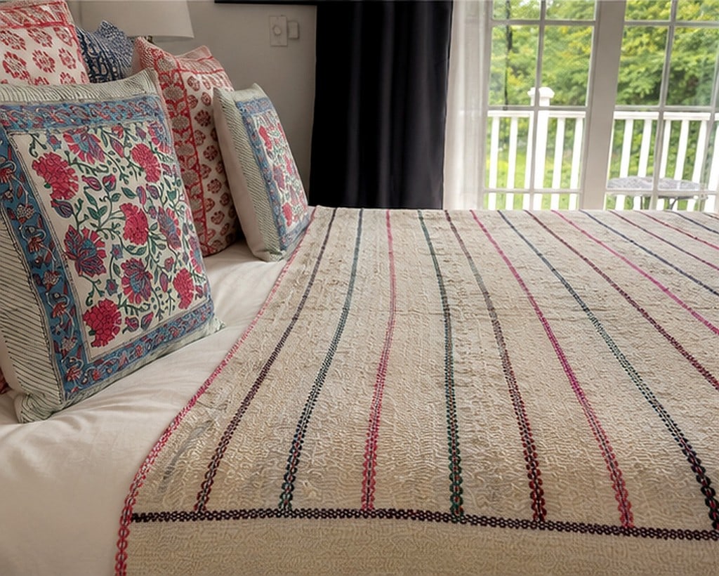 Hand-Stitched Reversible Dyed Kantha Throw with Patterns - 1 of 2. - 3