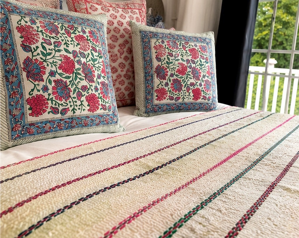 Hand-Stitched Reversible Dyed Kantha Throw with Patterns - 1 of 2. - 4