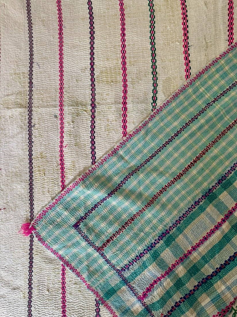 Hand-Stitched Reversible Dyed Kantha Throw with Patterns - 1 of 2. - 6