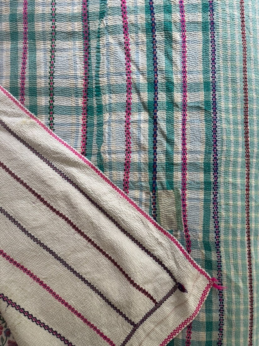 Hand-Stitched Reversible Dyed Kantha Throw with Patterns - 1 of 2. - 7