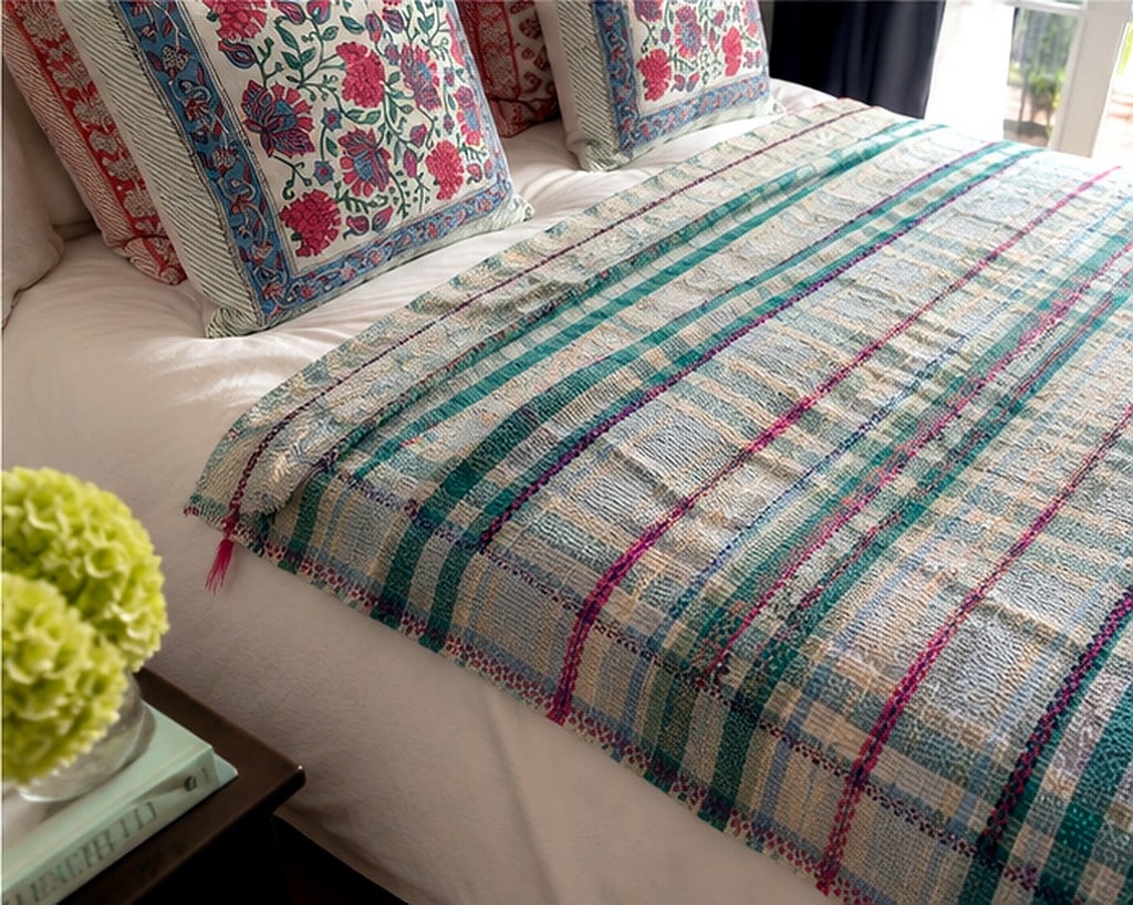 Hand-Stitched Reversible Dyed Kantha Throw with Patterns - 1 of 2. - 9