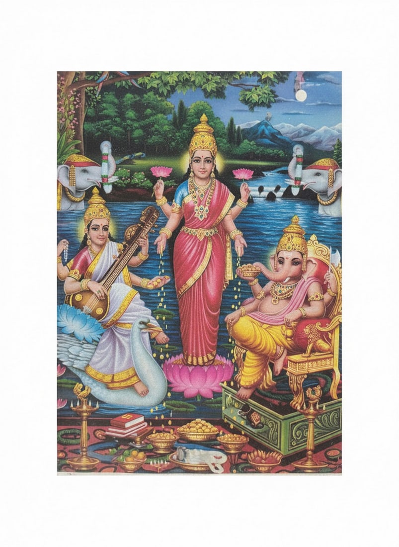Vintage Framed Print of Lakshmi, Saraswati, and Ganesha: This vintage framed calendar print depicting the Hindu deities Lakshmi standing on a lotus, Saraswati playing a musical instrument with a swan, and Ganesha seated. Together they form a divine