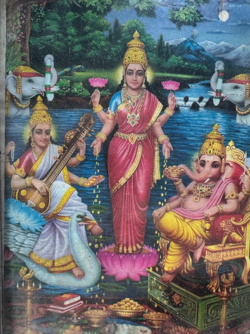 Vintage Framed Print of Lakshmi, Saraswati, and Ganesha - 2