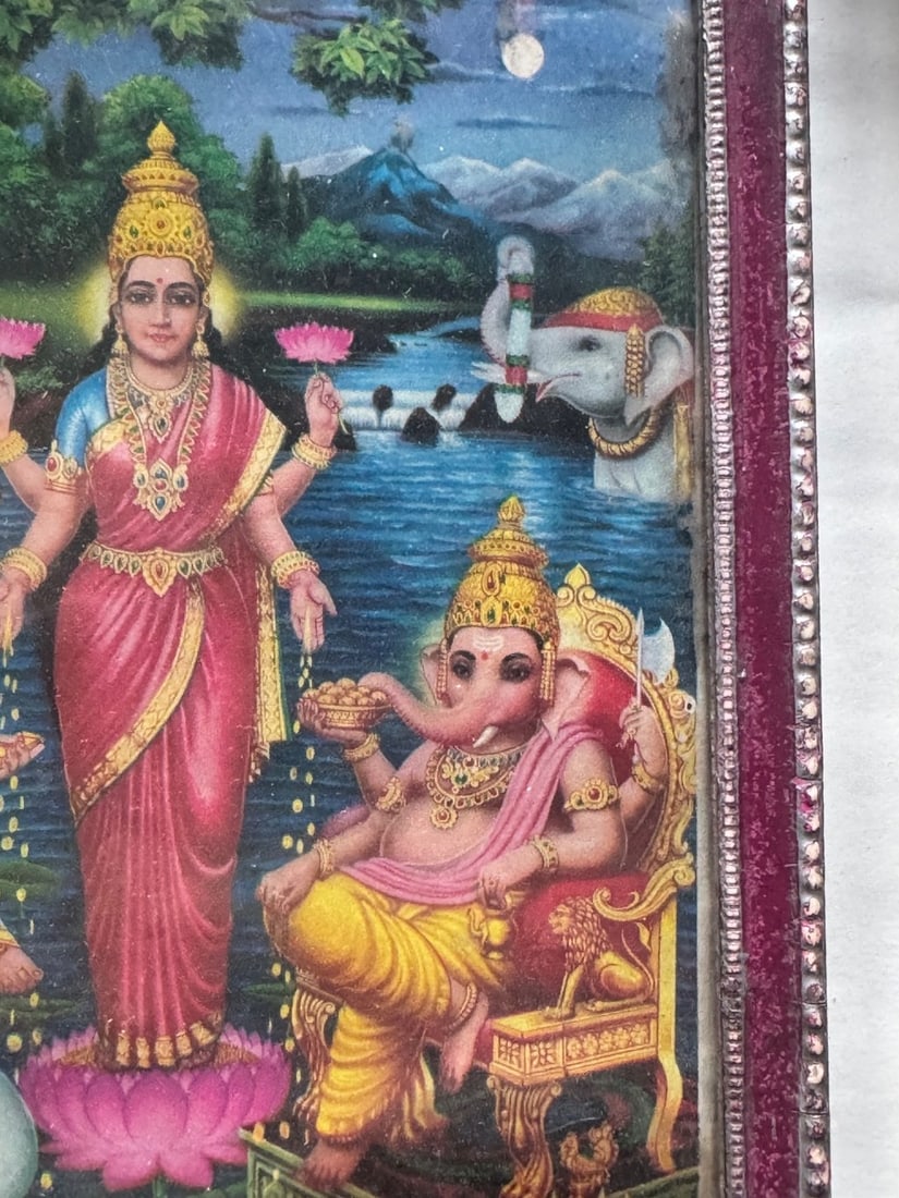 Vintage Framed Print of Lakshmi, Saraswati, and Ganesha - 3