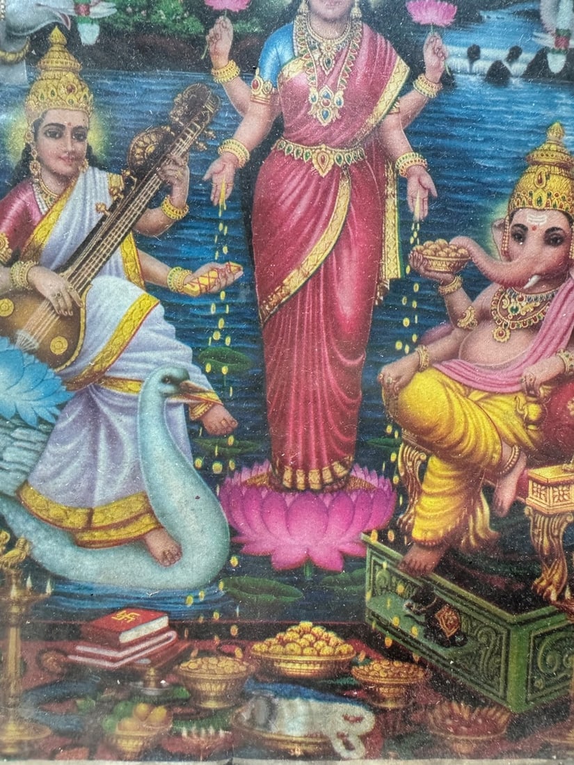 Vintage Framed Print of Lakshmi, Saraswati, and Ganesha - 4