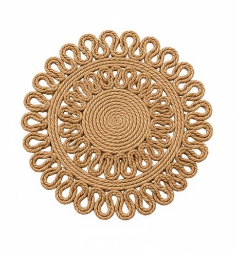Set of Eight Hand-Braided Jute Placemats: A set of six round placemats, hand-braided from natural jute. Each placemat features a spiraling central design surrounded by a border of continuous looped braids, creating a textured and organic