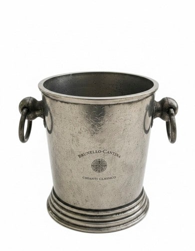 Brunello Cantina Chianti Classico Heavy Pewter Wine/Champagne Cooler: A heavy pewter wine or champagne cooler from Brunello Cantina, featuring "Chianti Classico" and a detailed crest prominently displayed on the front. The cooler has applied ring handles, a ribbed
