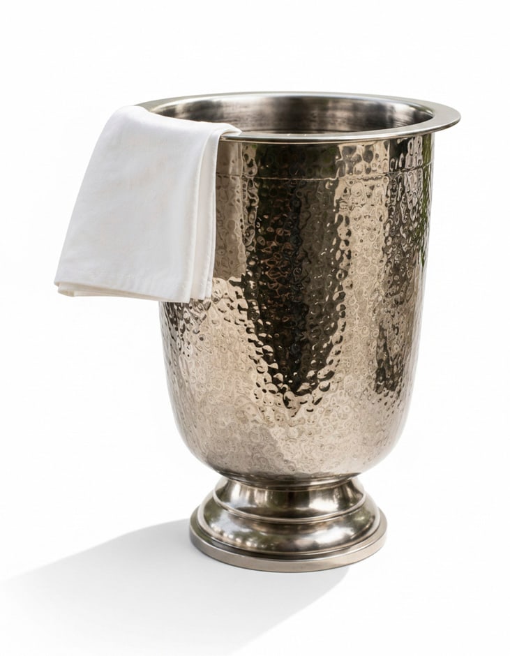 Good Earth Hammered Metal Wine Cooler & Ice Bucket.: Hammered-finish wine or champagne cooler with a footed pedestal base and urn-shaped body. Hand beaten nickel plated brass bucket with a double wall that keeps champagne or white wine chilled. For