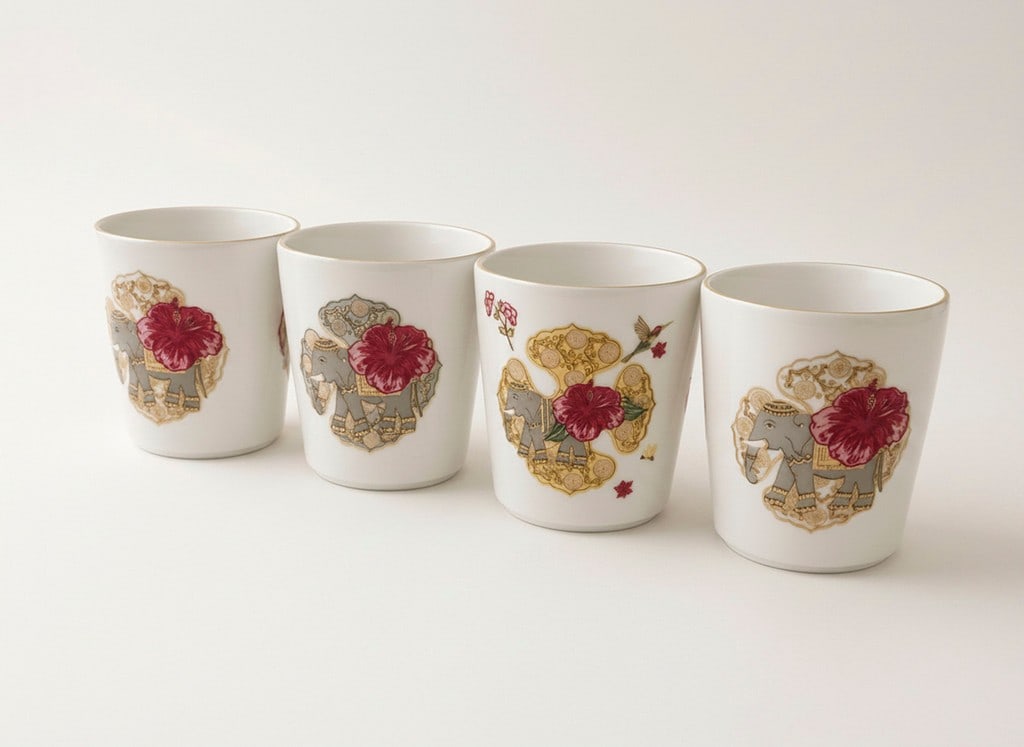 Set of Four Good Earth Serendib Fine Bone China With 24 Carat Gold: A charming set of four fine bone china cups with matching square coasters from Good Earth's celebrated Serendib collection, designed by Pavitra Rajaram. Good Earth, one of India's leading luxury
