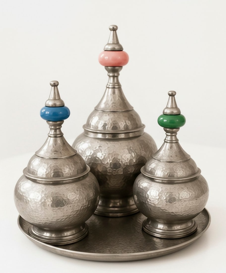 Set of Three Moroccan Hammered Pewter Lidded Decorative Jars with Colorful Finials: A set of three decorative Moroccan lidded jars crafted from hammered pewter, each featuring a distinctively colored finial pink, blue, and green. The jars vary in height, creating an attractive