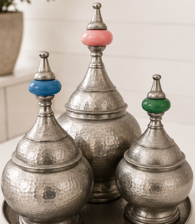 Set of Three Moroccan Hammered Pewter Lidded Decorative Jars with Colorful Finials - 2