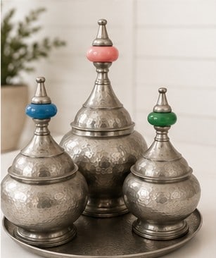 Set of Three Moroccan Hammered Pewter Lidded Decorative Jars with Colorful Finials - 3