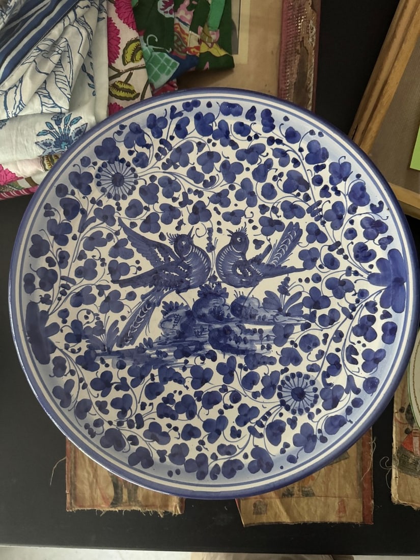 Blue and White Hand-Painted Charger with Birds and Foliage - 2